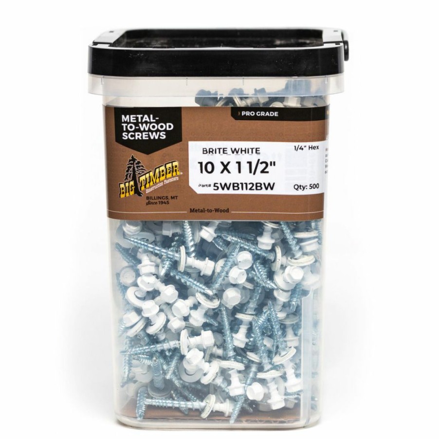 Hardware * | Big Timber Brite White Wt01 Woodbinder Screw, 1/4 Drive, 500-Count Bucket, Wb112Bw-500, #10 X 1-1/2 In