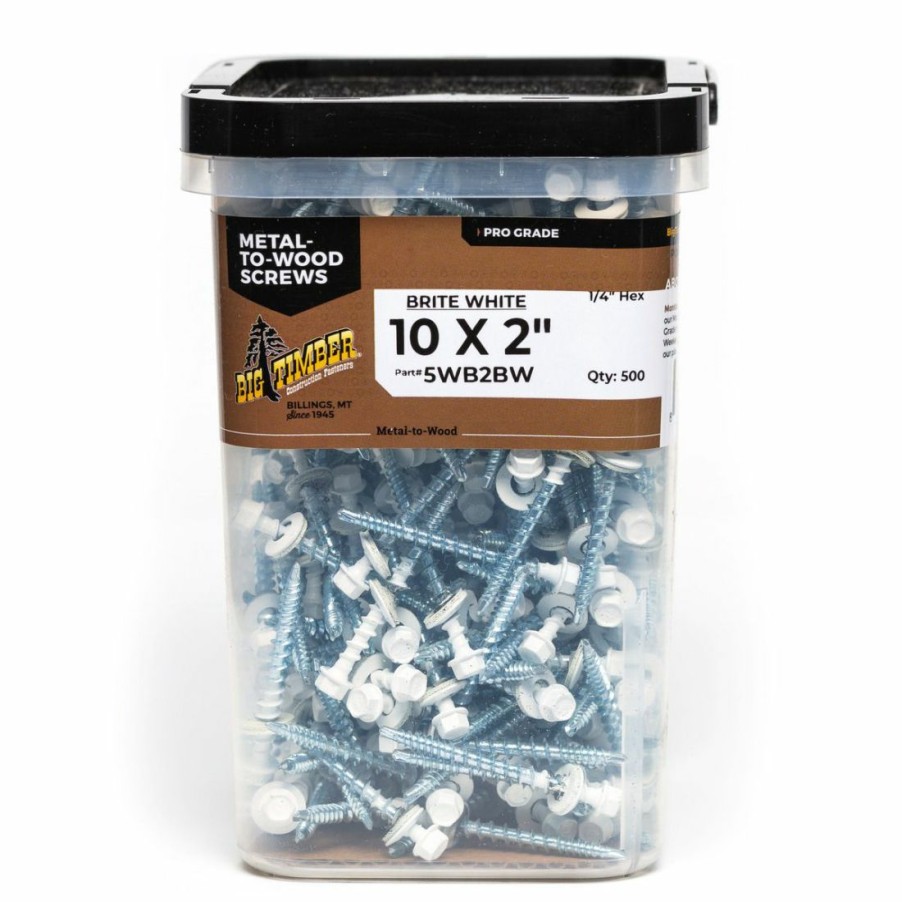 Hardware * | Big Timber Brite White Wt01 Woodbinder Screw, 1/4 Drive, 500-Count Bucket, Wb2Bw-500, #10 X 2 In