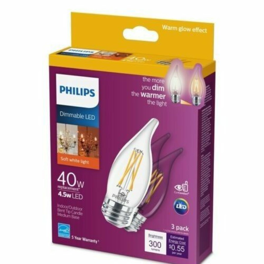 Paints & Stains * | Philips Led Candle Bulb, Dimmable, 3.3 Watt (40 Watt Equivalent), Soft White, 300 Lumens, 3-Pack, 540765