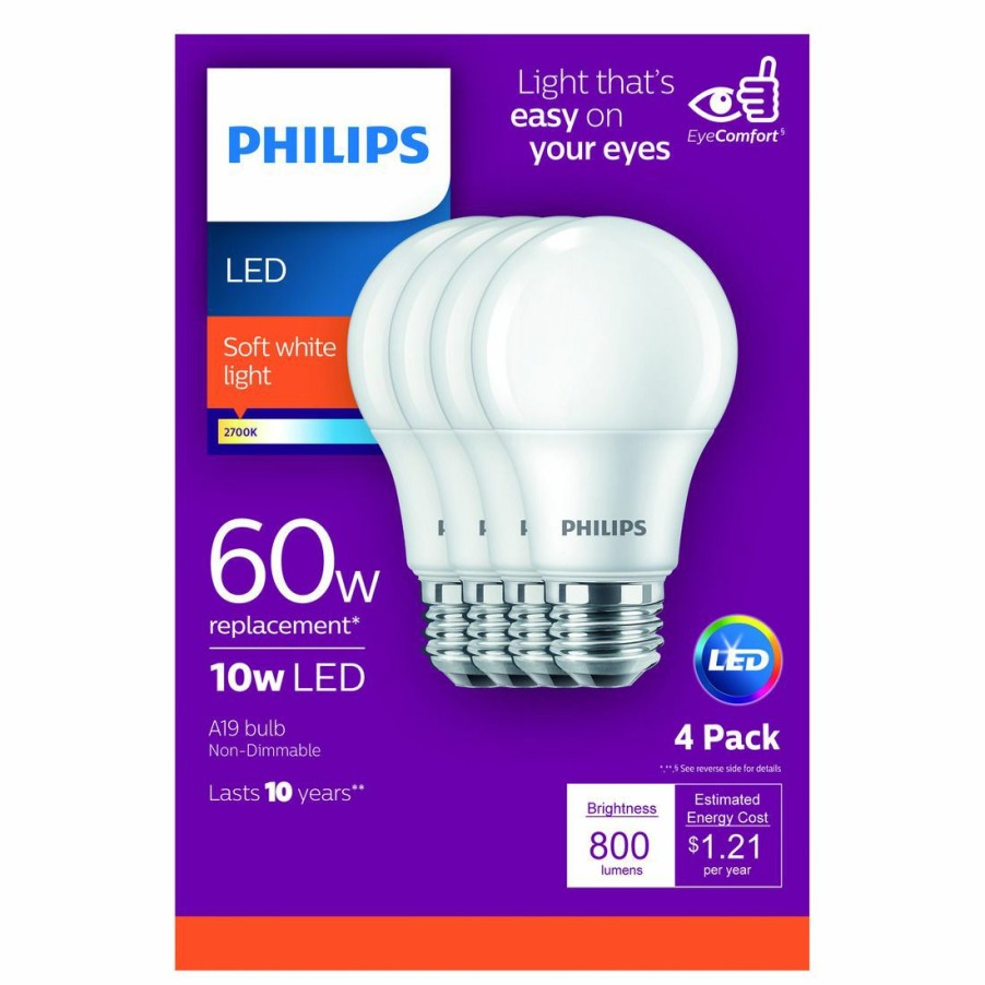 Paints & Stains * | Philips Soft White Light Bulds Non-Dimmable, 800 Lumens, 60W, A19Bulb, 4-Pack, 461129