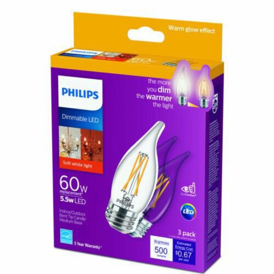 Paints & Stains * | Philips Led Candle Bulb, Dimmable, 5.5 Watt (60 Watt Equivalent), Soft White, 500 Lumens, Indoor-Outdoor, 3-, 540781