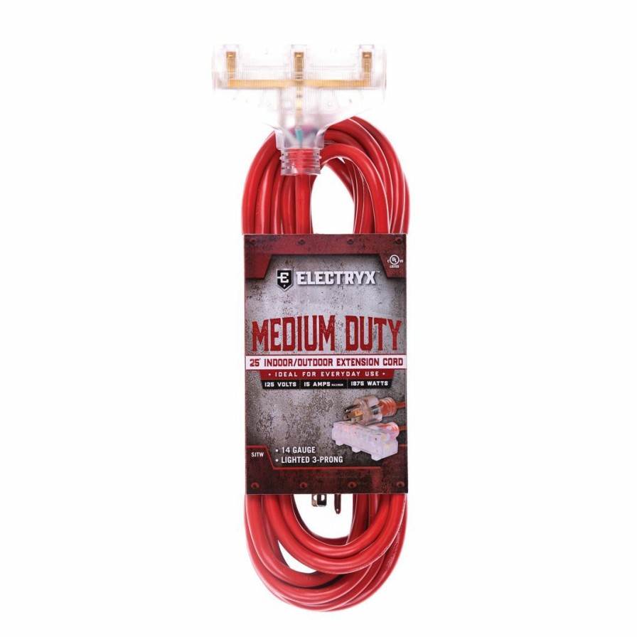 Paints & Stains * | Electryx Medium Duty Indoor / Outdoor Extension Cord 3-Prong, El-2514Trrd, Red, 25 Ft