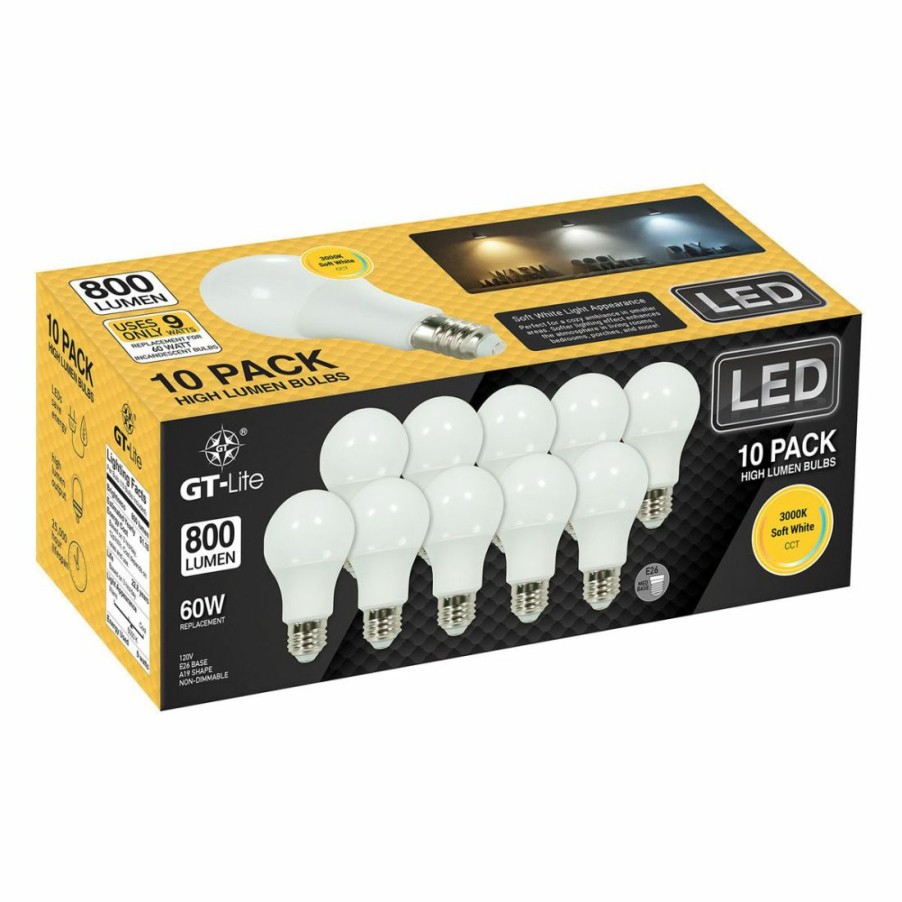 Paints & Stains * | Gt-Lite 800 Lumen Led A19 Bulb 3000K, 10-Pack, Gt-A19-10Pk3