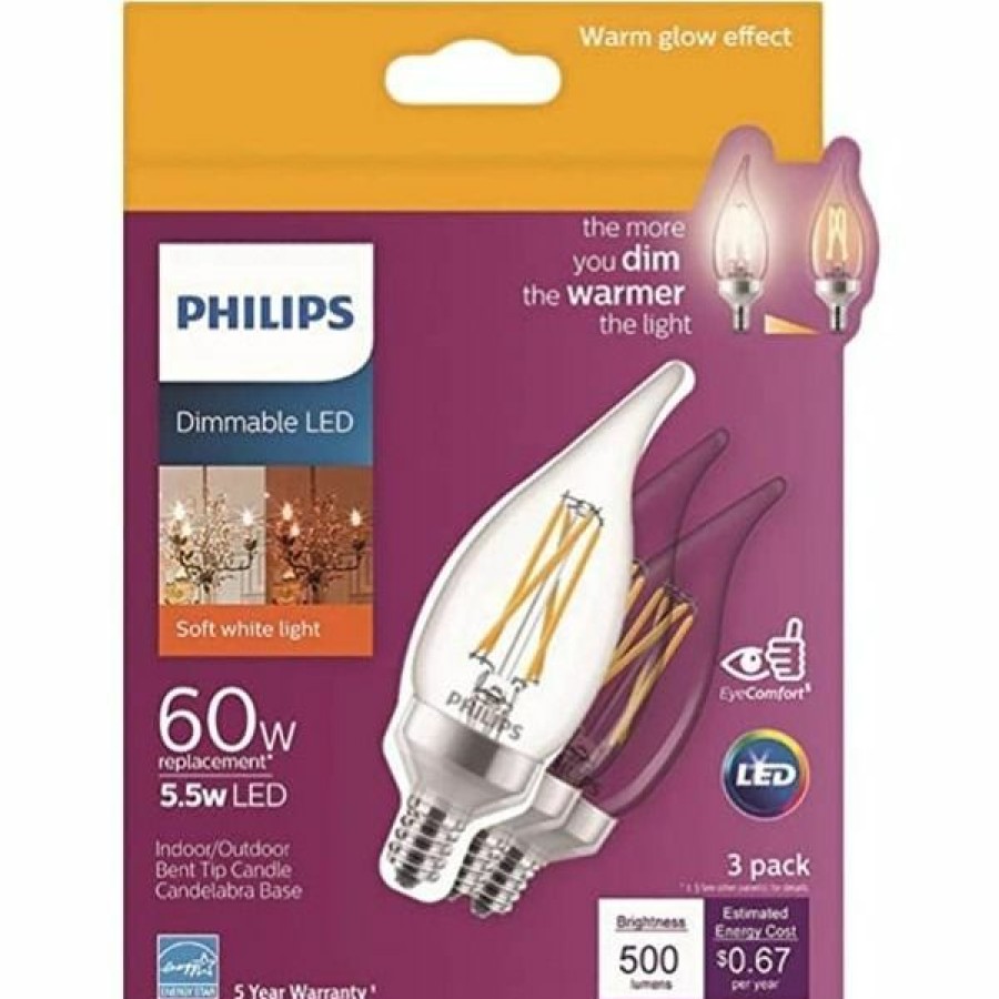 Paints & Stains * | Philips Led Candle Light, Dimmable, 5.5 Watt (60 Watt Equivalent), Soft White, 500 Lumens, 3-Pack, 547967