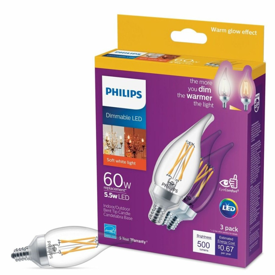 Paints & Stains * | Philips Led Candle Light, Dimmable, 5.5 Watt (60 Watt Equivalent), Soft White, 500 Lumens, 3-Pack, 547967